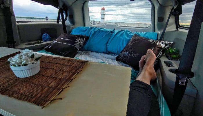 Nice view from the bench in the minivan camper conversion kit