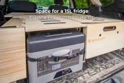 Space for a 15L fridge in Roadloft's hatchback car camper conversion kit