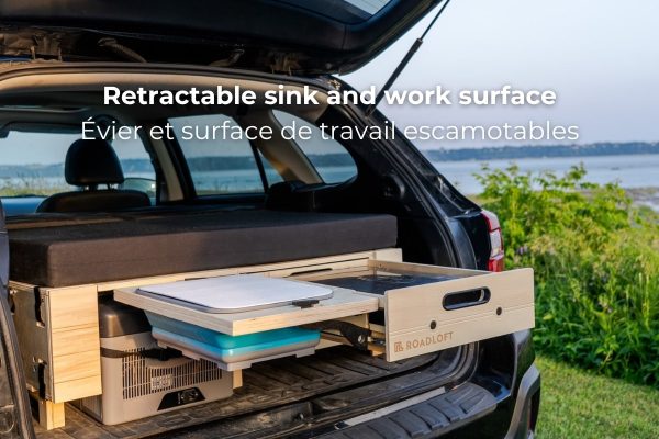 Retractable sink and work surface of Roadloft's hatchback camper kit