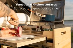 Functional kitchen surfaces of Roadloft's hatchback car camper conversion kit
