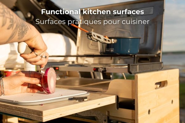 Functional kitchen surfaces of Roadloft's hatchback car camper conversion kit