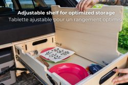 Adjustable shelf for optimized storage of Roadloft's hatchback camper conversion kit