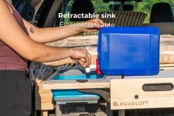 Retractable sink in Roadloft's hatchback car camper conversion kit