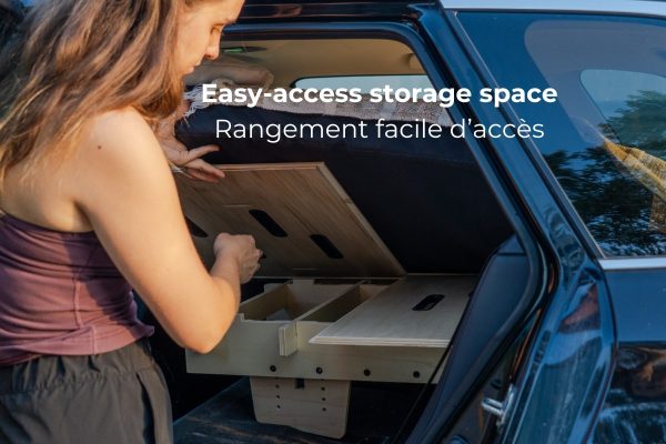 Easy-access storage space of the hatchback camper conversion kit