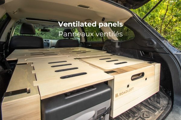 Ventilated panels of Roadloft's hatchback car camper conversion kit