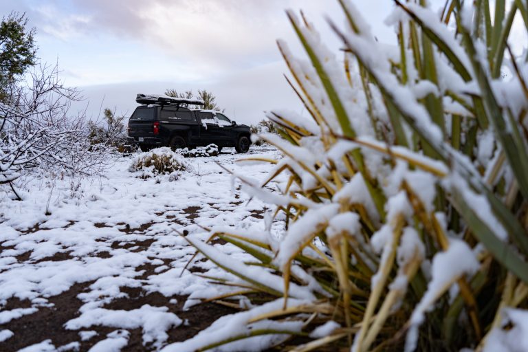 Truck bed camping setup for cold weather
