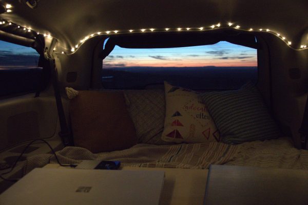 Fairy lights in the Roadloft camper kit, creating a cozy and inviting ambiance for vanlife.