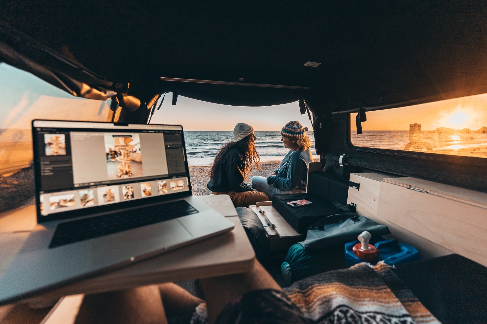 Workspace table in the Roadloft camper kit, designed for remote work and productivity on the road.