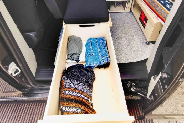 Optimized storage solutions in Roadloft's Camper Conversion Kit for a clutter-free vanlife experience.