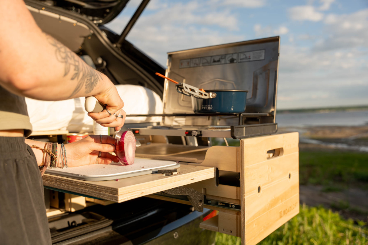 Functional kitchen surfaces in the Roadloft camper kit, designed for practical and efficient meal prep on the road.