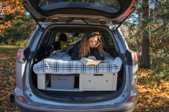 Roadloft SUV kit installed in a Toyota RAV4, perfect for vanlife