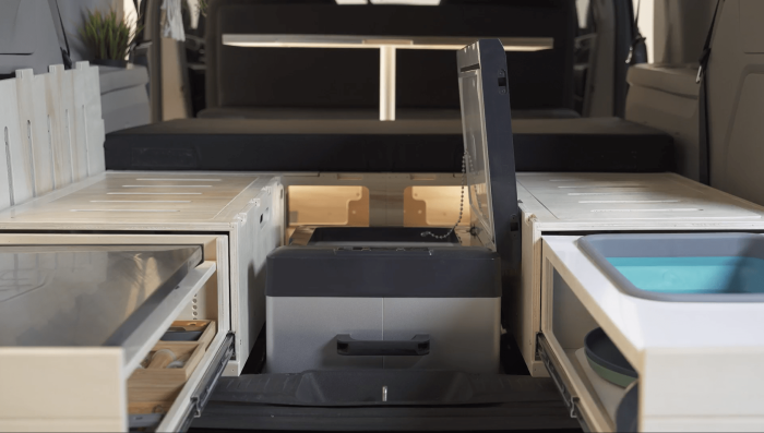 Alpicool cooler in the Roadloft camper kit, providing reliable and portable cooling for vanlife adventures.