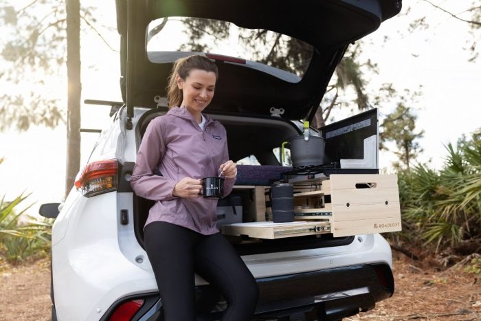 SUV camp kitchen setup with the Roadloft camper kit, offering a compact and efficient cooking space for outdoor adventures.