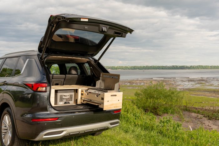 Compact and practical SUV camp kitchen setup with the Roadloft kit, designed for vanlife and camping trips.