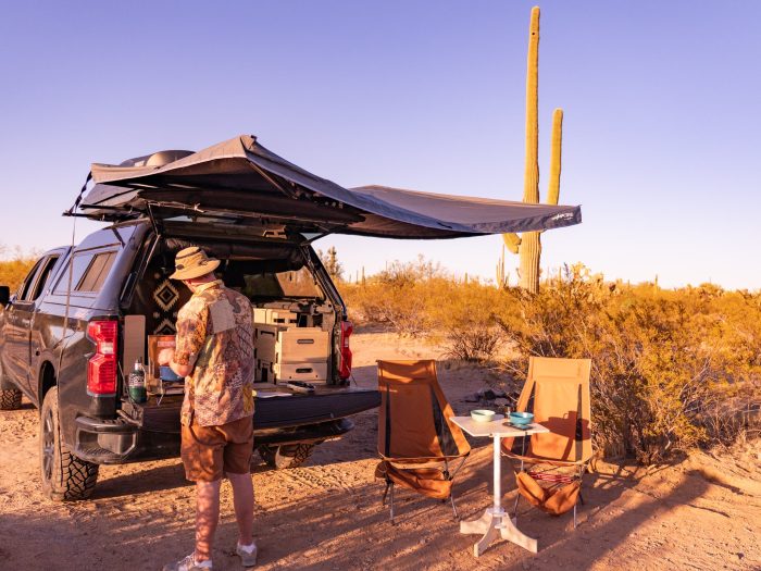 Outside kitchen setup with the Roadloft camper kit, designed for convenient outdoor cooking during vanlife adventures.