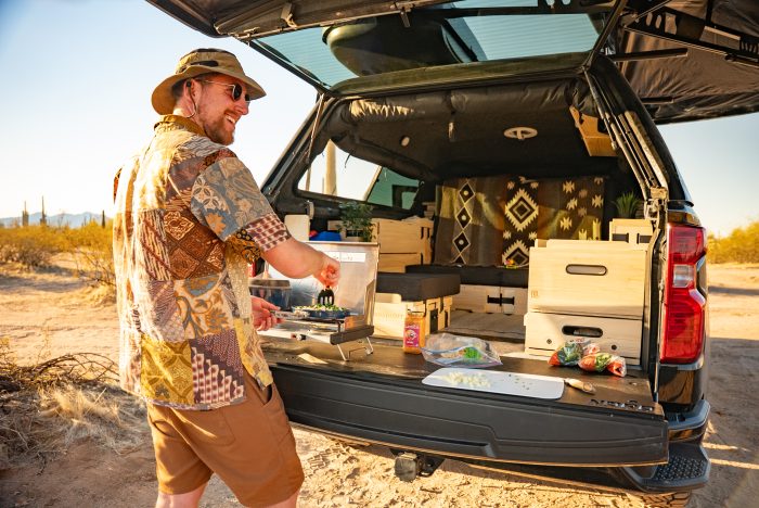 Roadloft overland camp kitchen, offering a practical and efficient cooking area for off-grid travel and exploration.