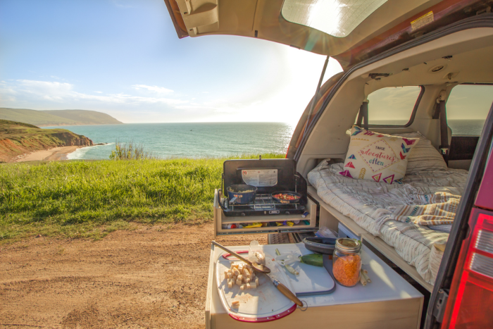 Overland camp kitchen setup with the Roadloft camper kit, designed for outdoor cooking and adventure.